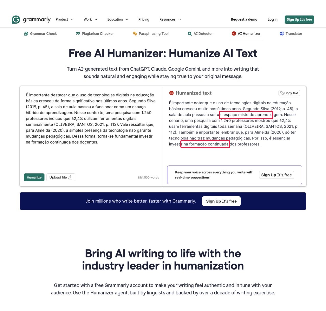 Grammarly trocou o termo espaço híbrido por espaço misto