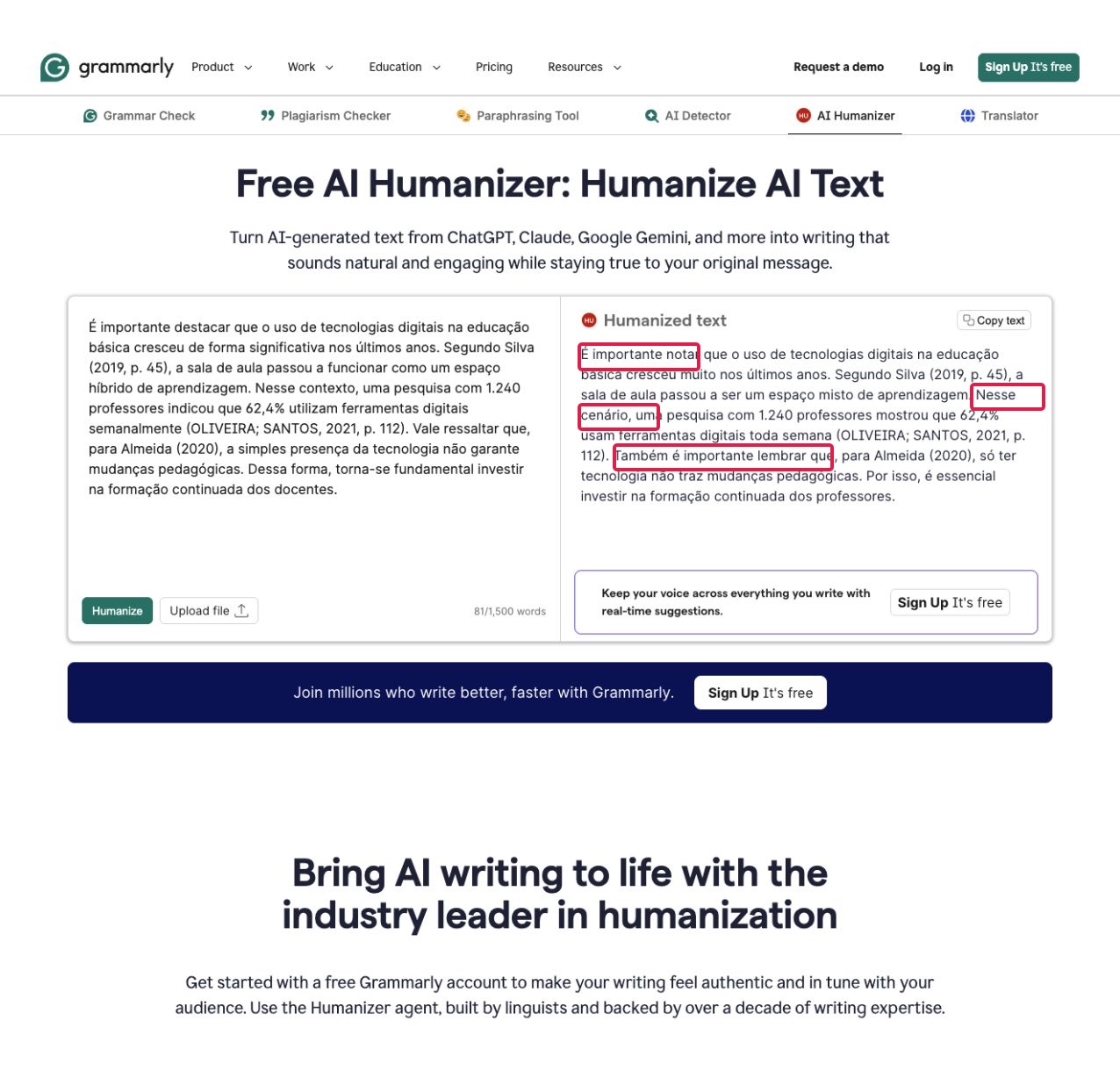 Texto do Grammarly com 3 dos 4 clichês de IA reescritos