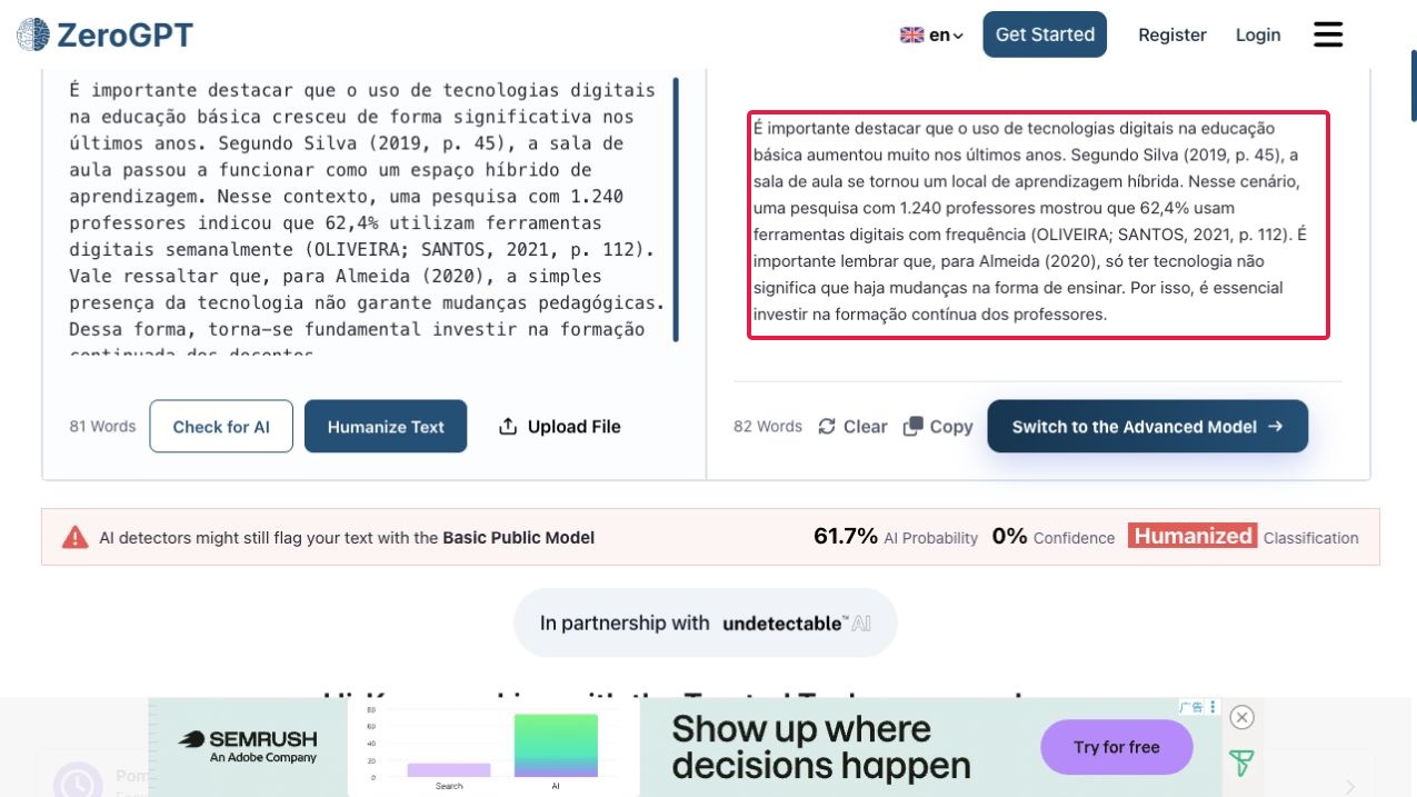 ZeroGPT trocou semanalmente por com frequência e mudou dois termos técnicos