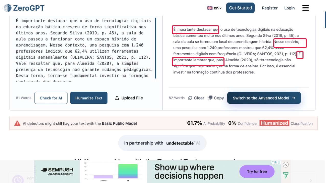 Texto do ZeroGPT ainda com 3 dos 4 clichês de IA