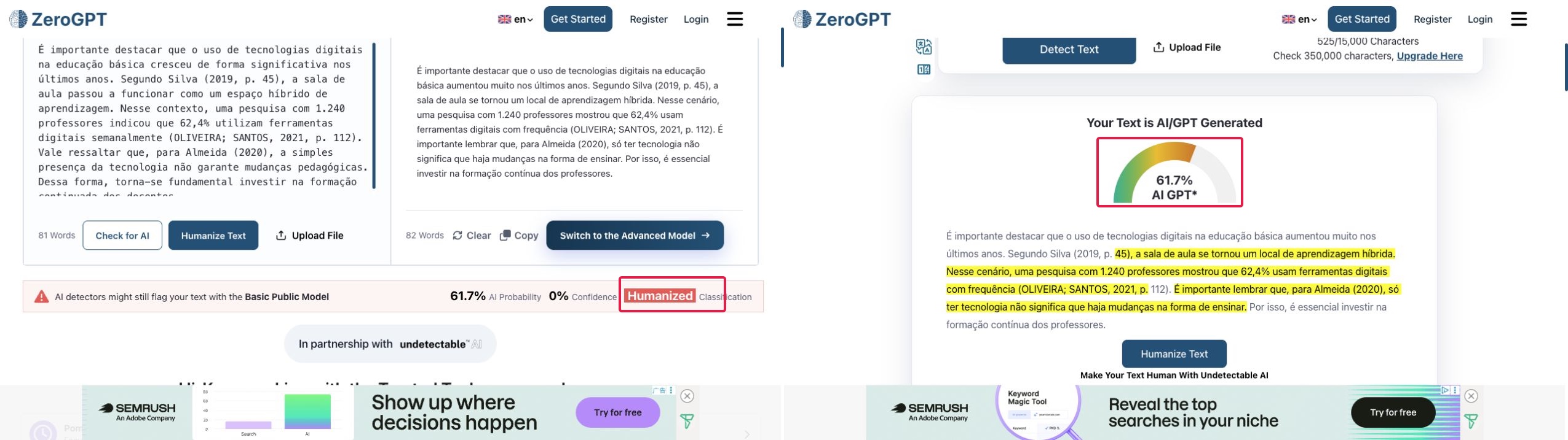 ZeroGPT marcou o texto como Humanized e o próprio detector deu 61,7% de IA