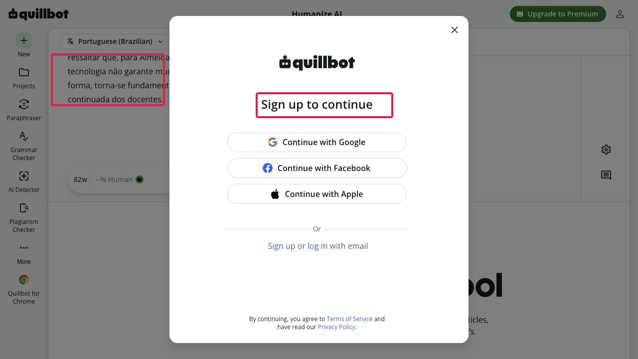 QuillBot pede cadastro com Sign up to continue antes de mostrar o resultado